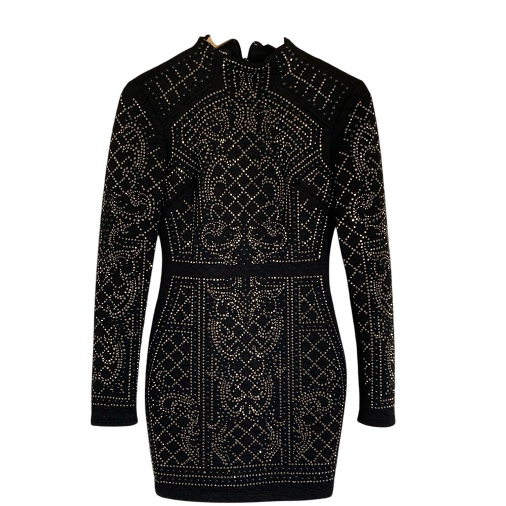 Bebe Womens Iconic Black Bodycon Long Sleeve Mock‎ Neck Studded Dress Size XS
